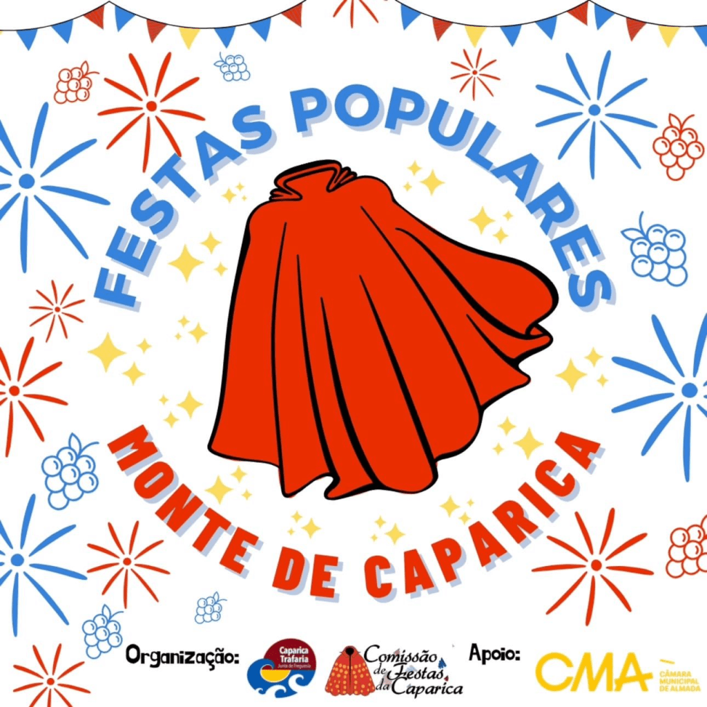 Cartaz colorido das Festas Populares do Monte de Caparica, com um manto vermelho ao centro e elementos decorativos em azul e vermelho.