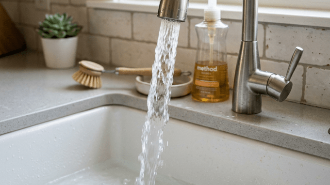 Modern stainless steel kitchen faucet running water into a white sink with soap dispenser and brush on the counter